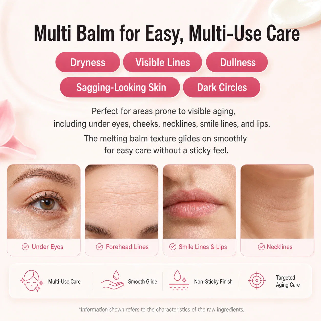Multi-use skincare balm infographic for dryness, fine lines, lips, eyes, and neck.