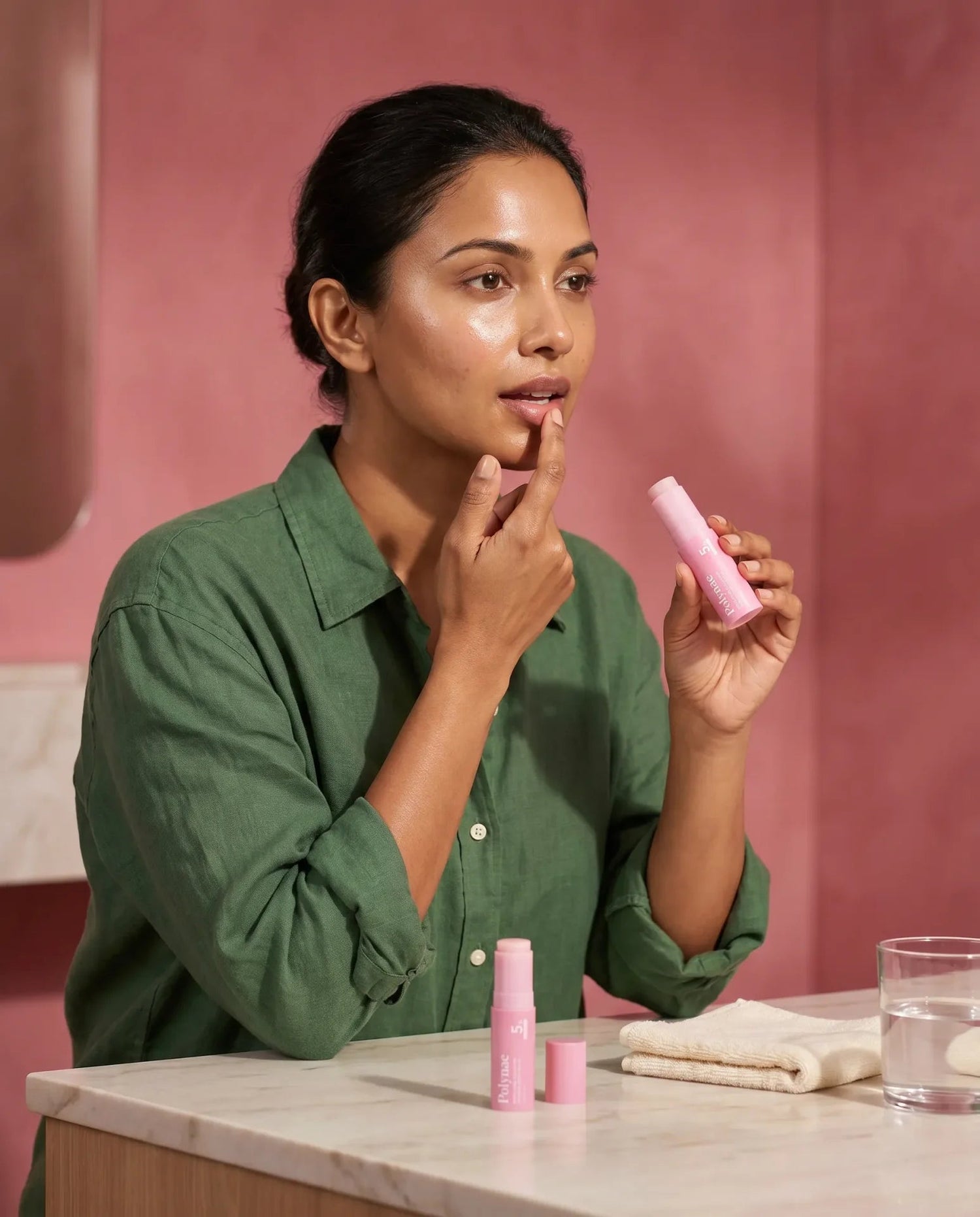 Woman in green shirt touching her lip with one finger while holding a pink Polynae lip balm stick, standing at a marble bathroom counter