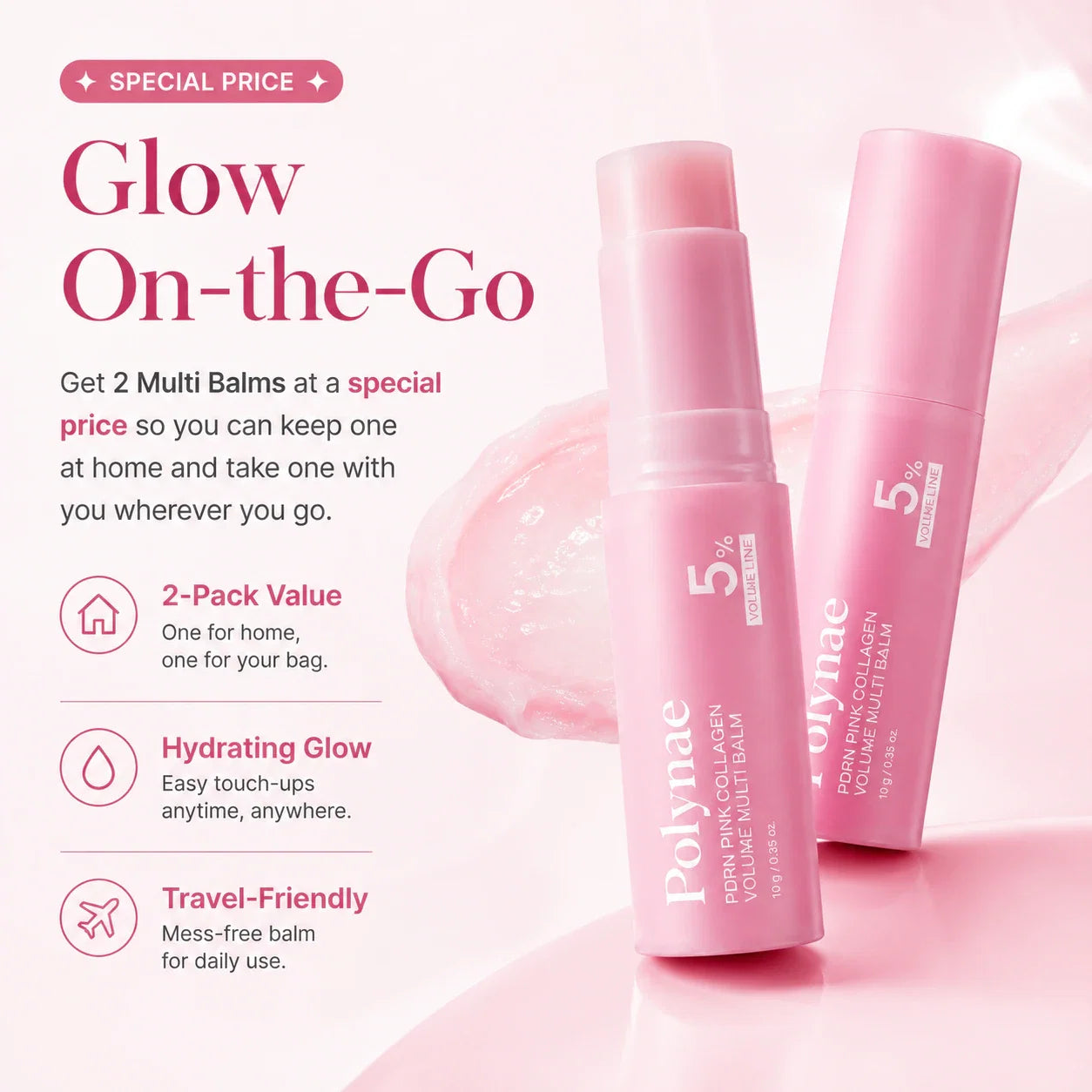 Polynae 2-pack multi balm promotion with two pink collagen balm sticks for hydrating glow and travel-friendly use.