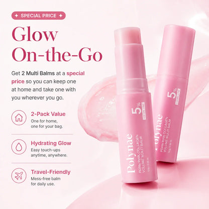 Polynae 2-pack multi balm promotion with two pink collagen balm sticks for hydrating glow and travel-friendly use.