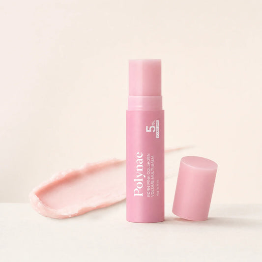Polynae PDRN Pink Collagen Volume Multi Balm stick in pink packaging standing upright with cap removed beside it and a pink balm swatch on a cream surface