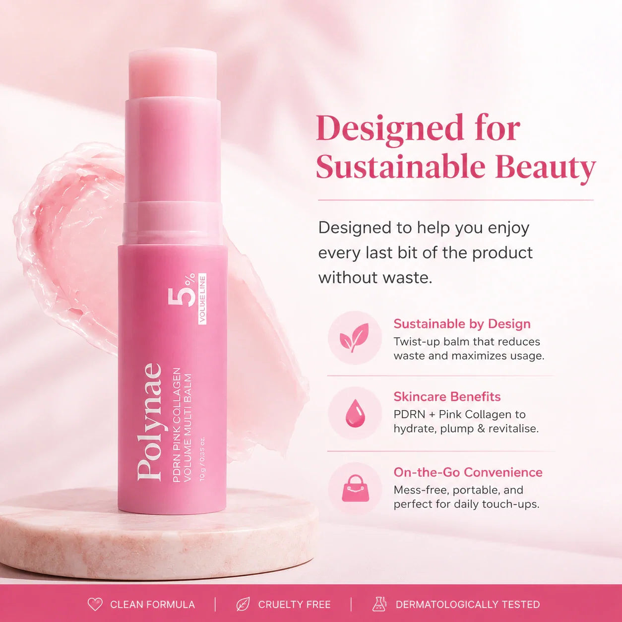 Polynae PDRN Pink Collagen Volume Multi Balm with pink collagen texture, promoting sustainable beauty, hydration, and plumping skincare benefits.